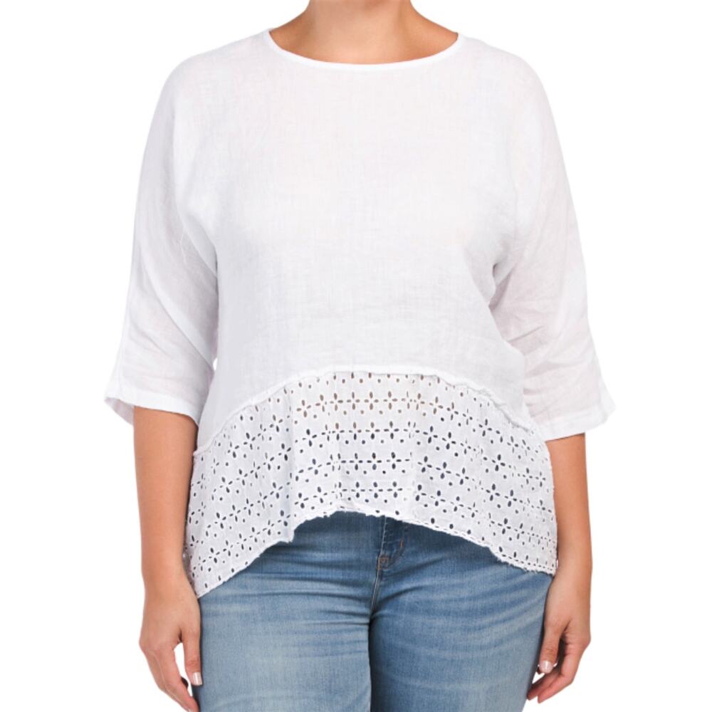 NWT Francesca Bettini Plus Made In Italy Linen Eyelet Drop Hem Tunic Blouse